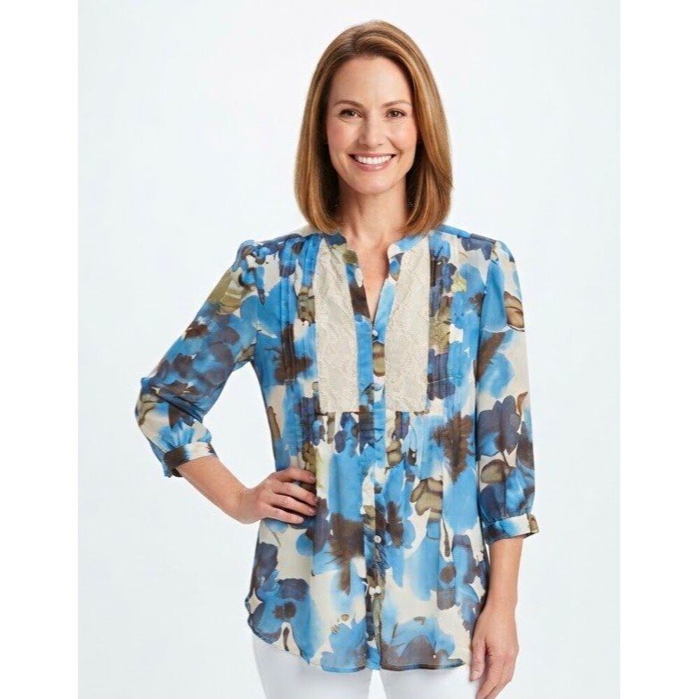 Christopher & Banks Womens Top S Blue Chiffon 3/4 Slv Button Lace pintucks lined